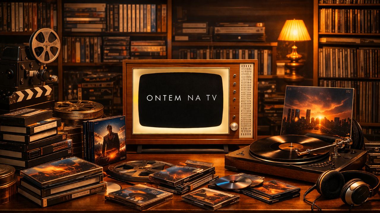 Ontem na TV — televisor vintage exibindo o nome do site, cercado por fitas VHS, discos, rolos de película, projetor e vitrola